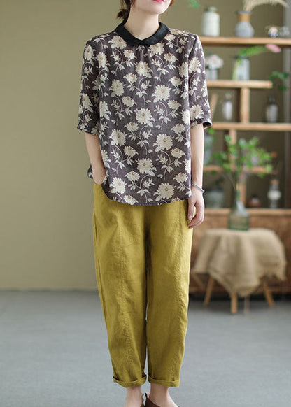 Camisa de lino con estampado patchwork negro y cuello Peter Pan para verano