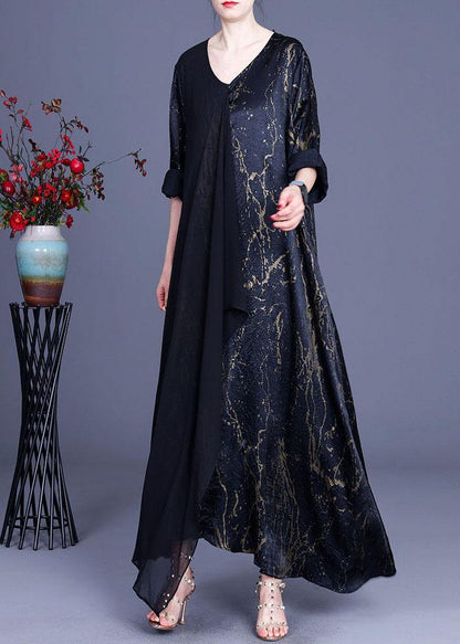 Black Print Patchwork Summer Silk Dress - SooLinen