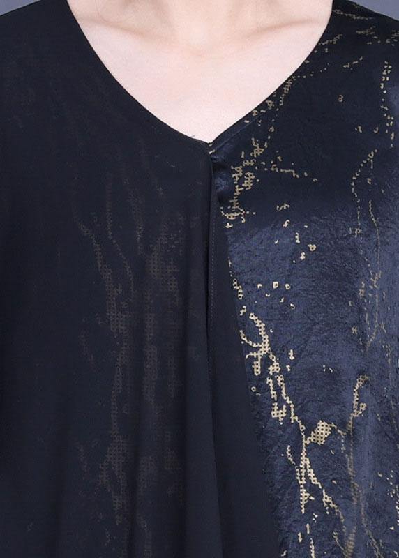 Black Print Patchwork Summer Silk Dress - SooLinen