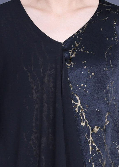 Black Print Patchwork Summer Silk Dress - SooLinen