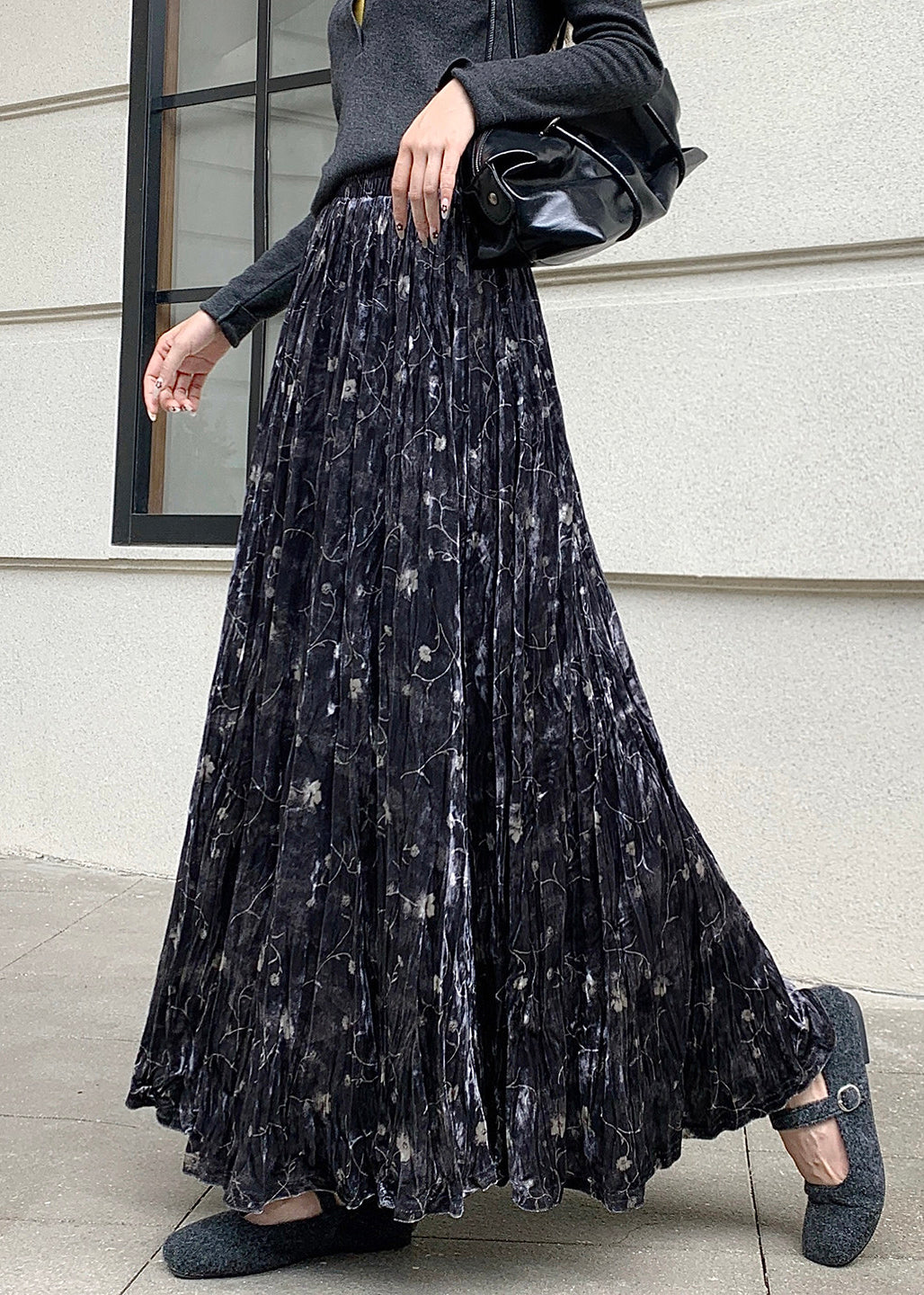 Black Print Silk Velvet Holiday Skirts Exra Large Hem Spring
