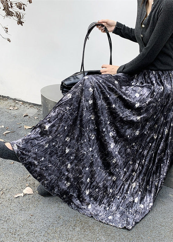 Black Print Silk Velvet Holiday Skirts Exra Large Hem Spring