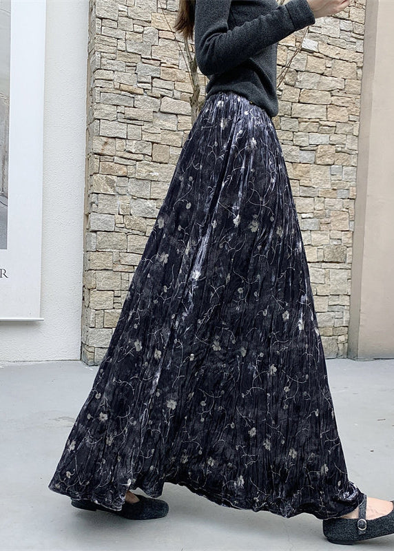 Black Print Silk Velvet Holiday Skirts Exra Large Hem Spring