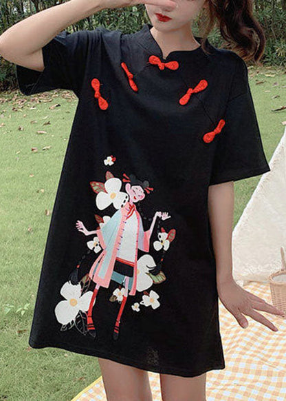 Schwarzes bedrucktes Studentenkleid mit Knopfleiste, Reißverschluss und kurzen Ärmeln