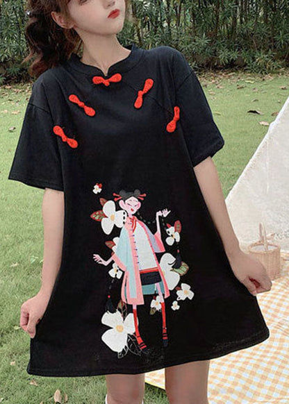 Schwarzes bedrucktes Studentenkleid mit Knopfleiste, Reißverschluss und kurzen Ärmeln