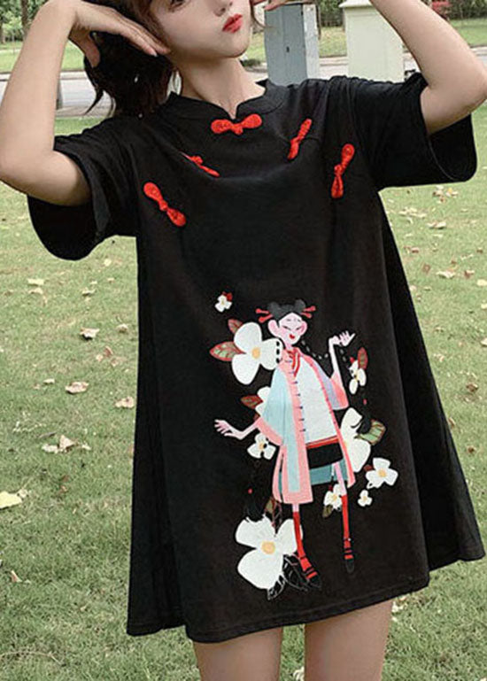 Schwarzes bedrucktes Studentenkleid mit Knopfleiste, Reißverschluss und kurzen Ärmeln