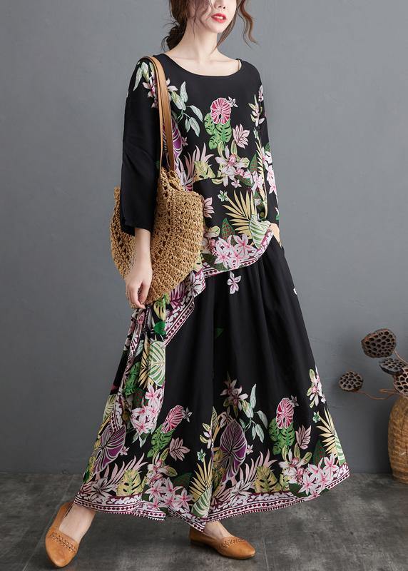 Black Print Suit Spring Large Women's Top Casual Wide Legged Pants Two pieces - SooLinen