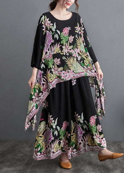 Black Print Suit Spring Large Women's Top Casual Wide Legged Pants Two pieces - SooLinen