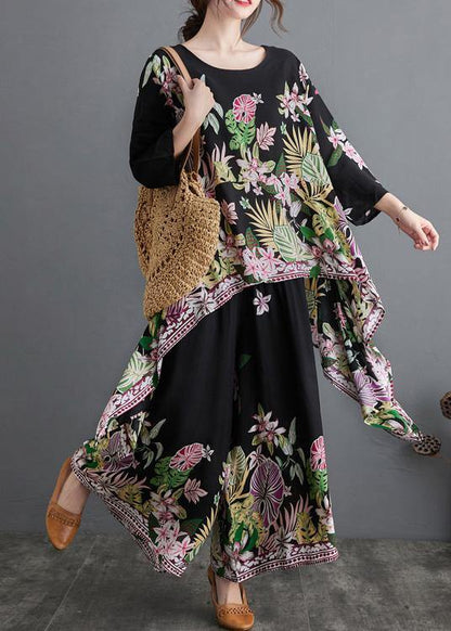Black Print Suit Spring Large Women's Top Casual Wide Legged Pants Two pieces - SooLinen