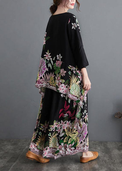 Black Print Suit Spring Large Women's Top Casual Wide Legged Pants Two pieces - SooLinen