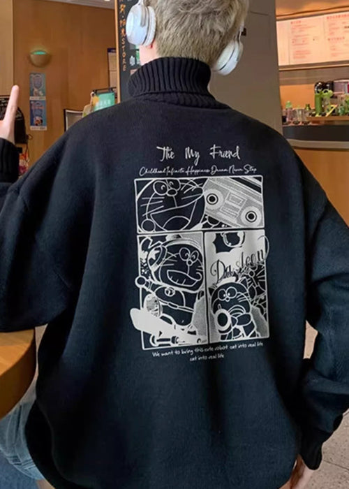 Black Print Thick Knit Mens Sweaters Tops Turtleneck