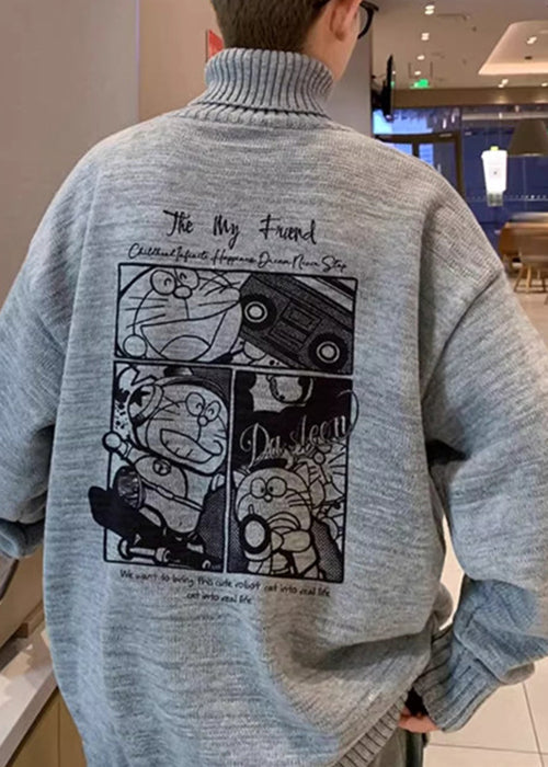 Black Print Thick Knit Mens Sweaters Tops Turtleneck