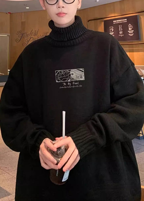 Black Print Thick Knit Mens Sweaters Tops Turtleneck