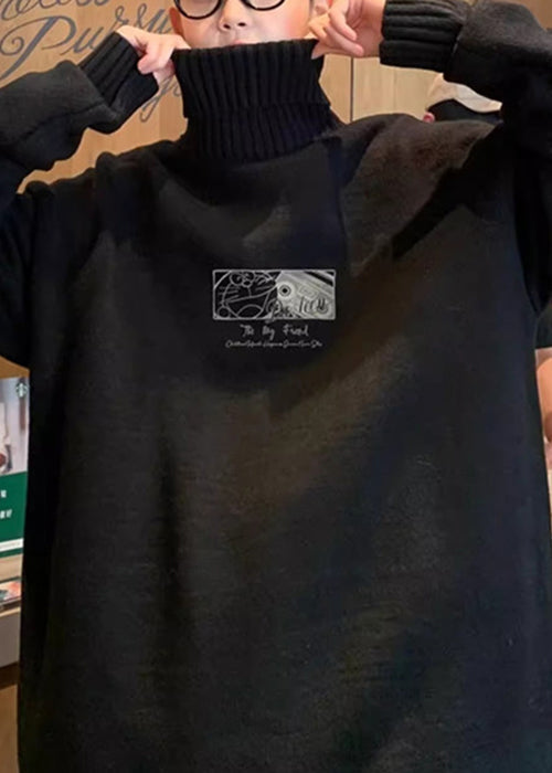 Black Print Thick Knit Mens Sweaters Tops Turtleneck