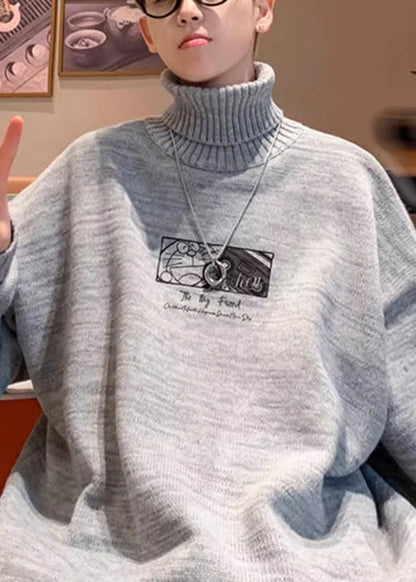 Black Print Thick Knit Mens Sweaters Tops Turtleneck