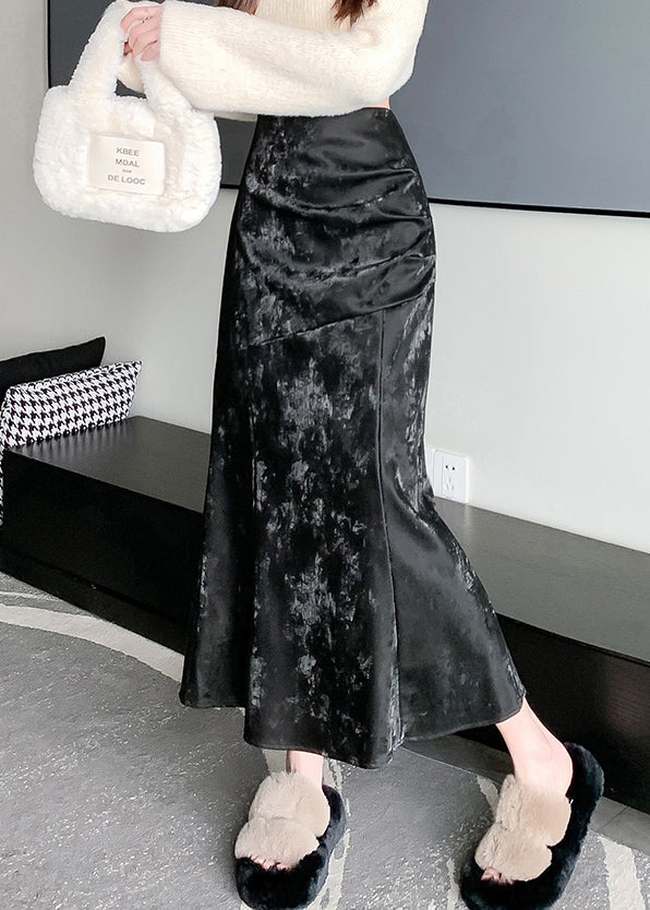 Black Print Wrinkled Silk Velvet Mermaid Skirt Zip Up