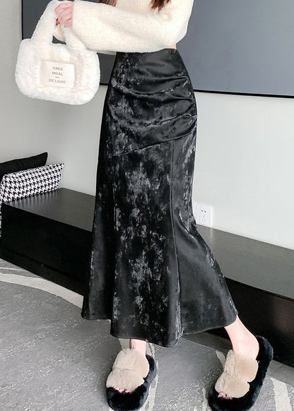 Black Print Wrinkled Silk Velvet Mermaid Skirt Zip Up