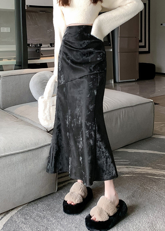 Black Print Wrinkled Silk Velvet Mermaid Skirt Zip Up