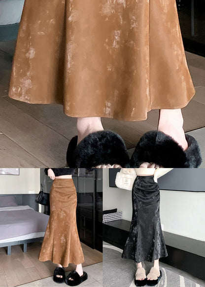 Black Print Wrinkled Silk Velvet Mermaid Skirt Zip Up