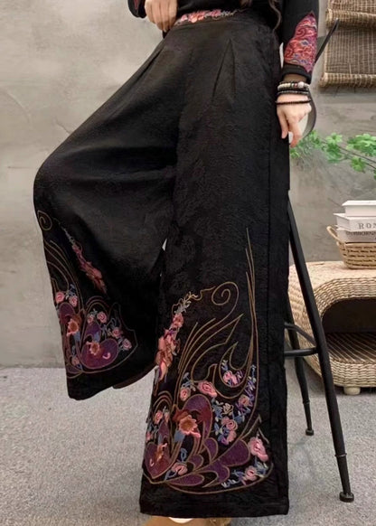 Black Retro Pockets Warm Fleece Pants Embroidered Winter