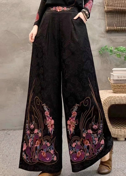 Black Retro Pockets Warm Fleece Pants Embroidered Winter