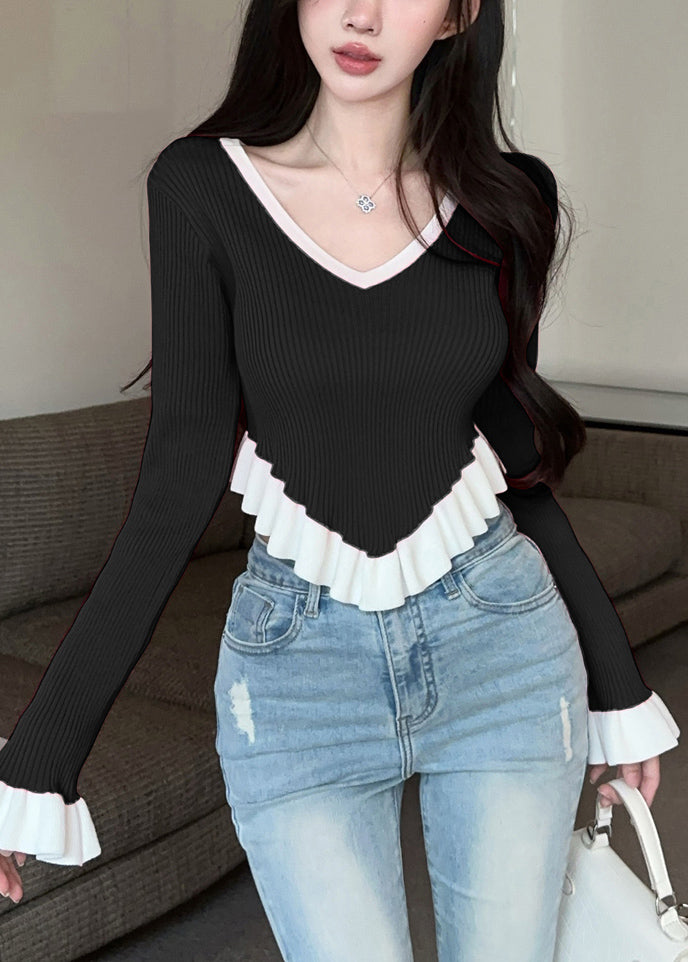 Black Ruffled Patchwork Knit Sweaters V Neck Flare Sleeve