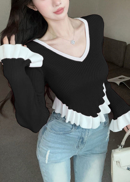 Black Ruffled Patchwork Knit Sweaters V Neck Flare Sleeve