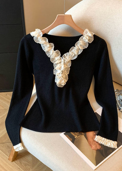 Schwarzes, gerüschtes Patchwork-T-Shirt aus Strickbaumwolle mit V-Ausschnitt für den Herbst