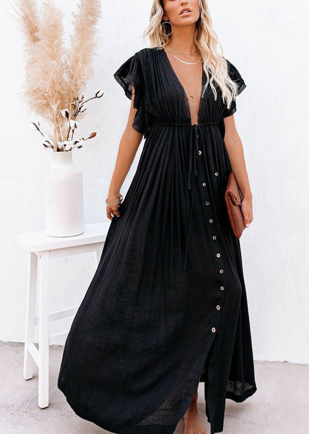 Black Ruffled Patchwork Solid Long Dress Summer