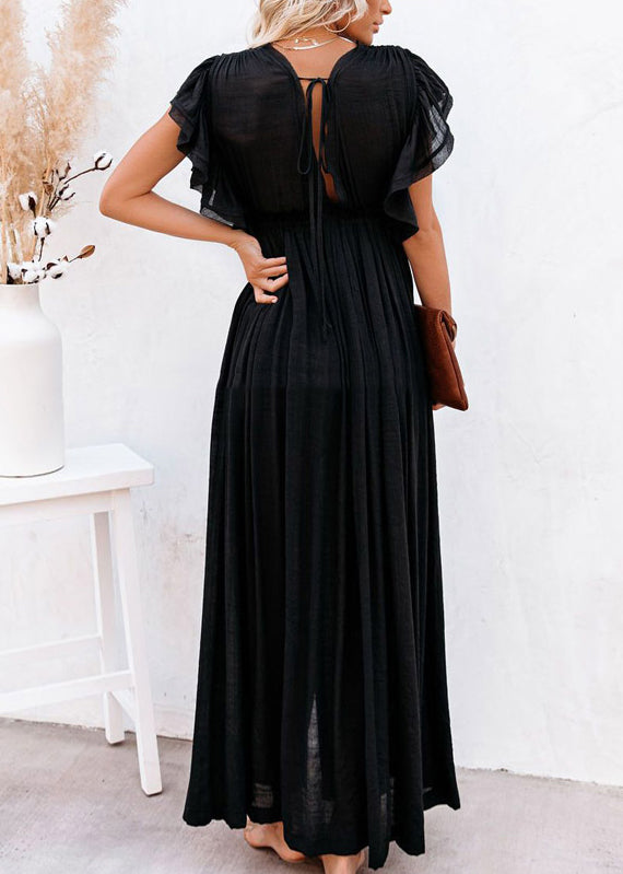 Black Ruffled Patchwork Solid Long Dress Summer