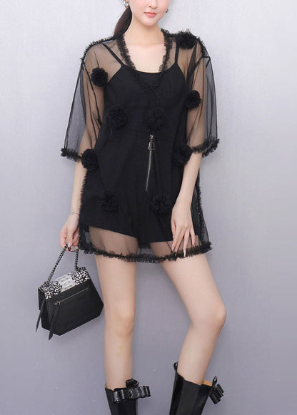 Black Ruffled Solid Tulle Top V Neck Half Sleeve