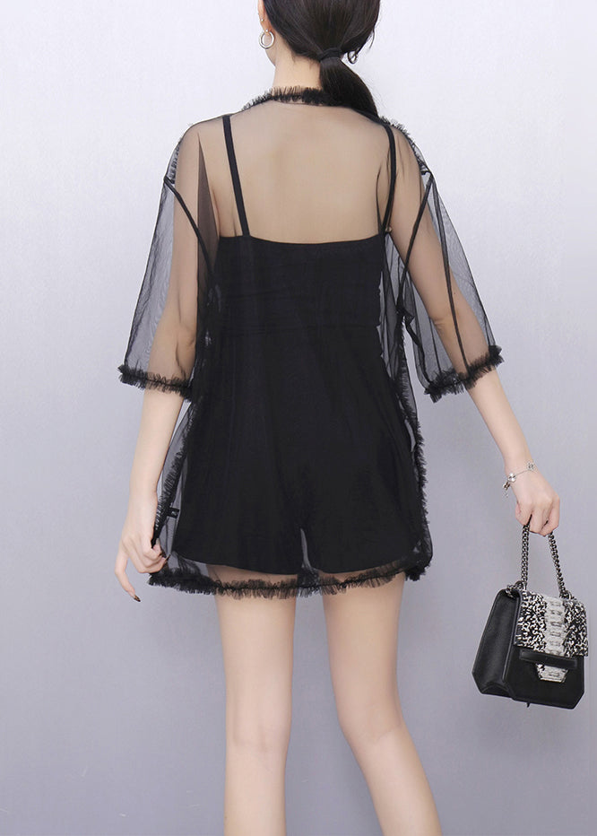 Black Ruffled Solid Tulle Top V Neck Half Sleeve