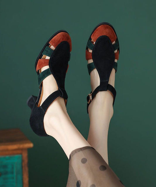 Schwarze Sandalen Blockabsatz Wildleder Elegante Spleißen Schnalle Riemen
