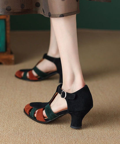 Schwarze Sandalen Blockabsatz Wildleder Elegante Spleißen Schnalle Riemen