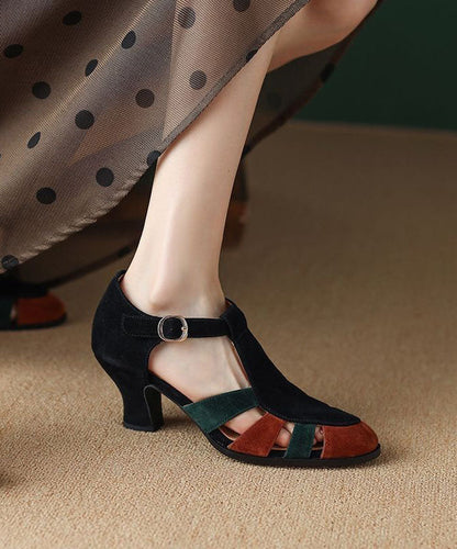 Schwarze Sandalen Blockabsatz Wildleder Elegante Spleißen Schnalle Riemen