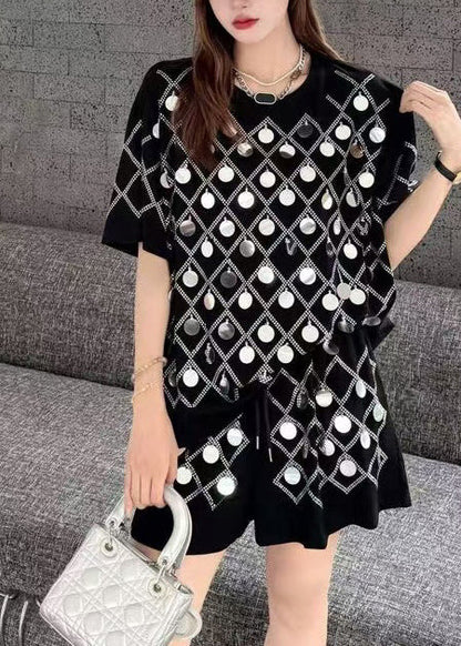Black Sequins Cotton Tanks And Shorts Two Pieces Set Oversized Summer