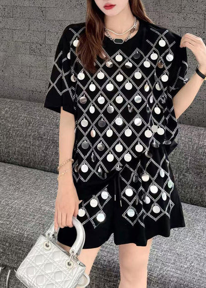 Black Sequins Cotton Tanks And Shorts Two Pieces Set Oversized Summer