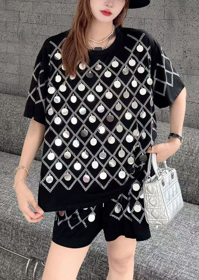 Black Sequins Cotton Tanks And Shorts Two Pieces Set Oversized Summer