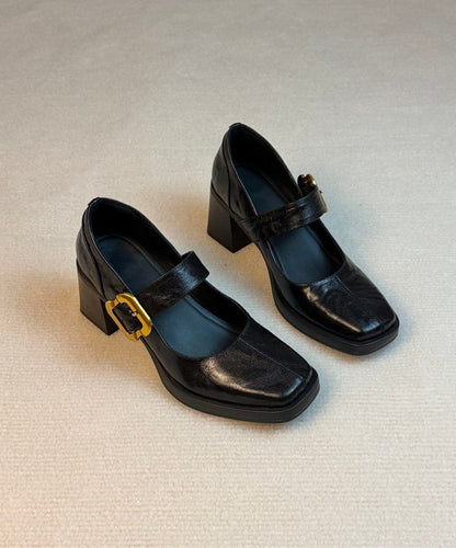 Black Sheepskin Buckle Strap Splicing Elegant Chunky High Heels