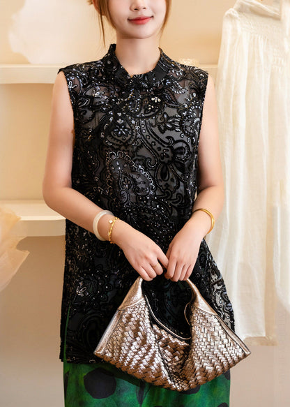 Black Side Open Silk Velour T Shirts Summer