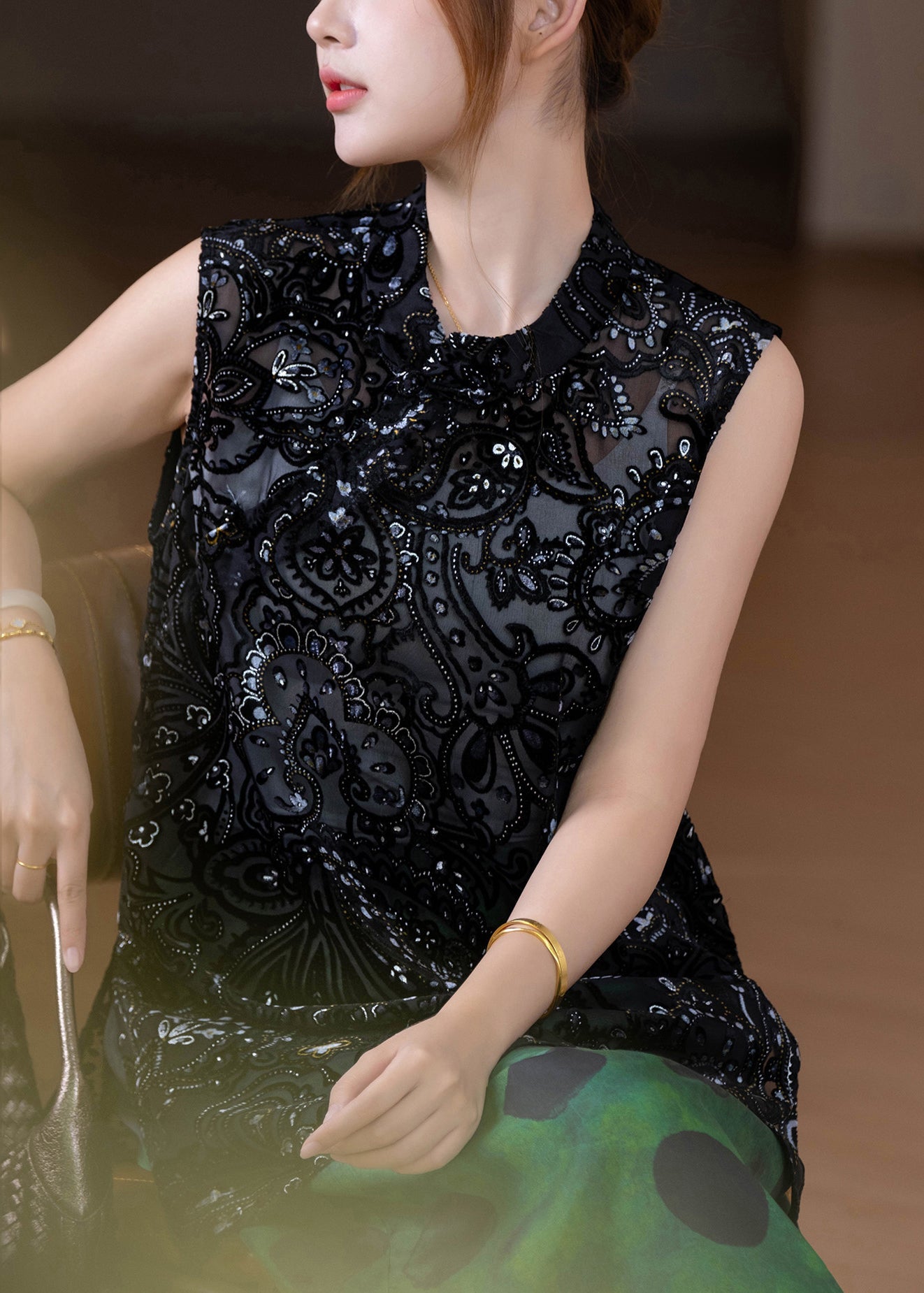 Black Side Open Silk Velour T Shirts Summer