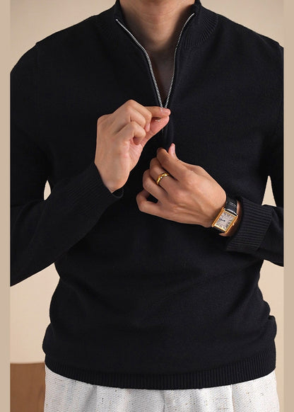 Schwarzer, einfarbiger, kuscheliger Strickpullover für Herren mit Reißverschluss