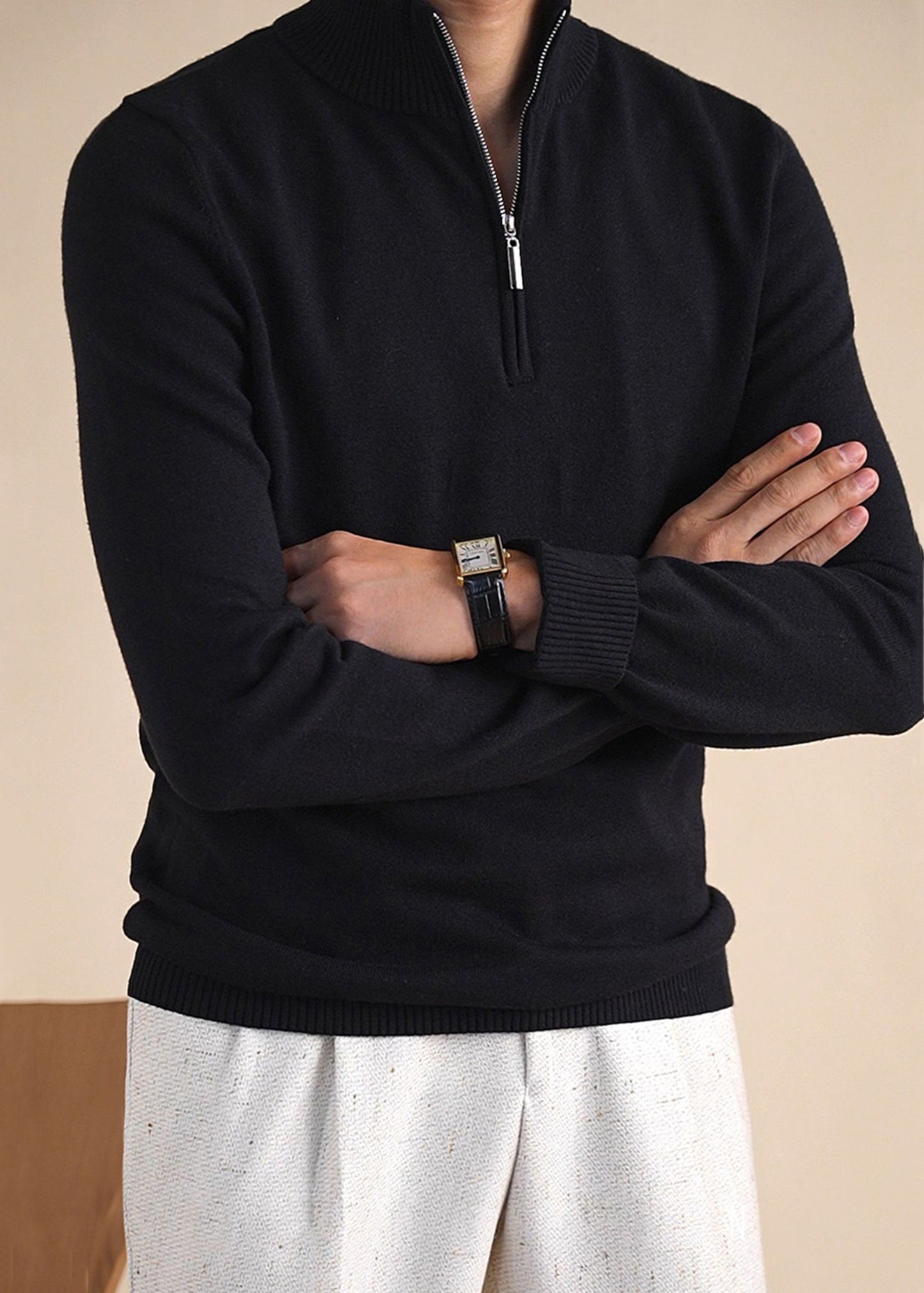 Schwarzer, einfarbiger, kuscheliger Strickpullover für Herren mit Reißverschluss