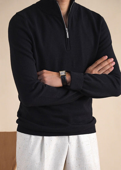 Schwarzer, einfarbiger, kuscheliger Strickpullover für Herren mit Reißverschluss