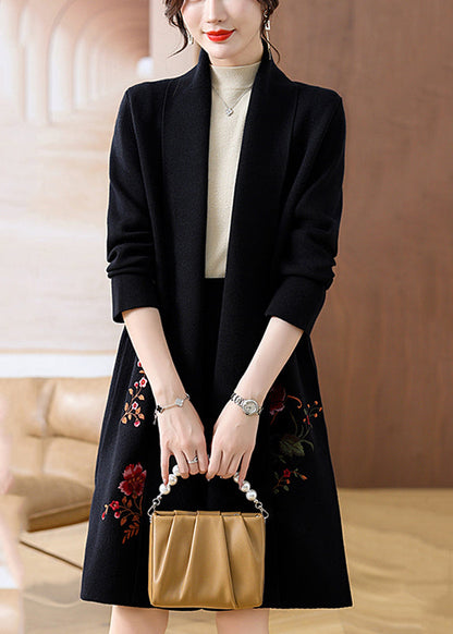 Black Solid Cozy Woolen Maxi Cardigans Spring