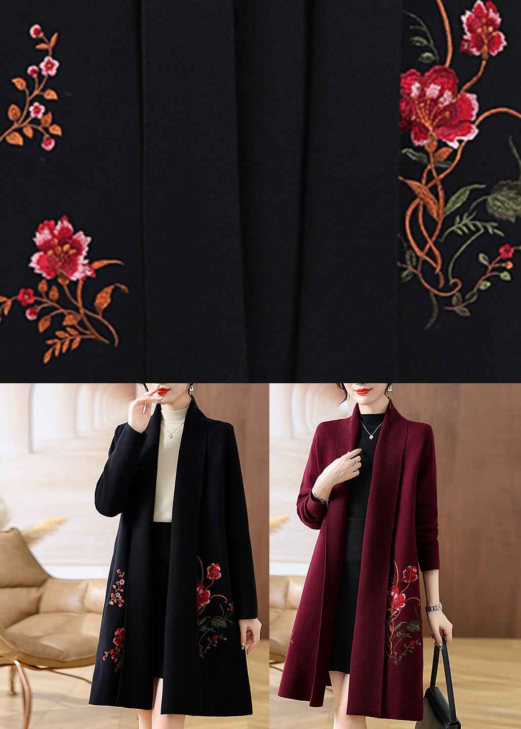 Black Solid Cozy Woolen Maxi Cardigans Spring