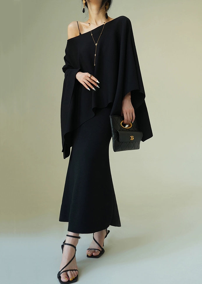 Black Solid Knit Two Pieces Set O-Neck Batwing Sleeve