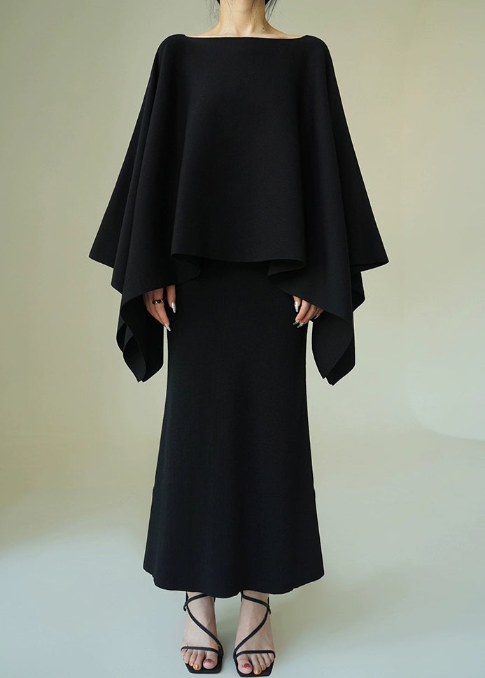 Black Solid Knit Two Pieces Set O-Neck Batwing Sleeve