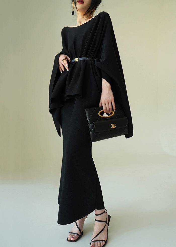 Black Solid Knit Two Pieces Set O-Neck Batwing Sleeve