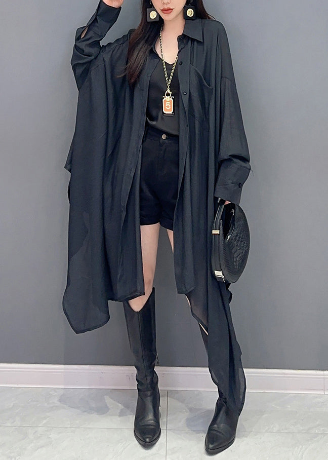 Black Solid Maxi Shir Asymmetrical Button Fall